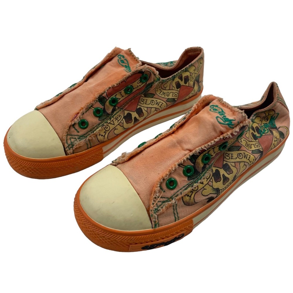Ed Hardy Kids Youth Size 3 Low Rise Laceless Sneakers Love Slowly Skull Orange